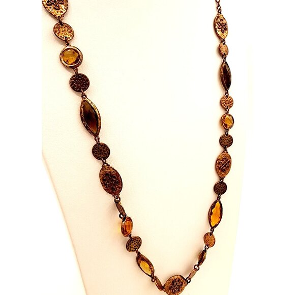Long 70s Style Hammered Gold Tone Necklace With Amber-Colored Stones Fall Boho - Picture 2 of 8